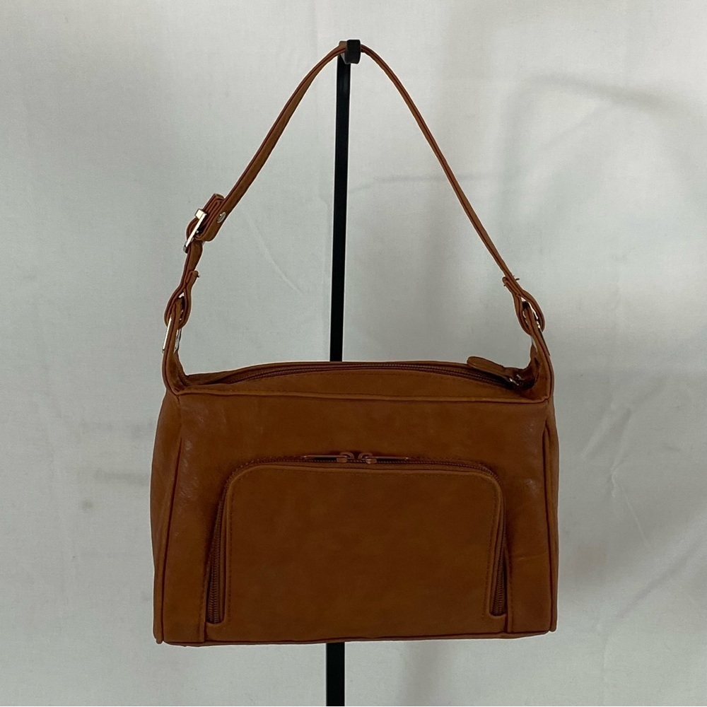 Cognac Faux Leather Organizer Shoulder Bag | Multi-Zip Everyday Purse